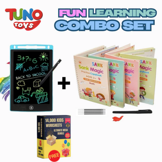 Fun Learning Combo Set for Kids | Sank Magic book Set (set of 4) + LCD Colour Writing Tablet 8.5Inch & 14000+ Printable Worksheets PDF Free** - Tuno Toys