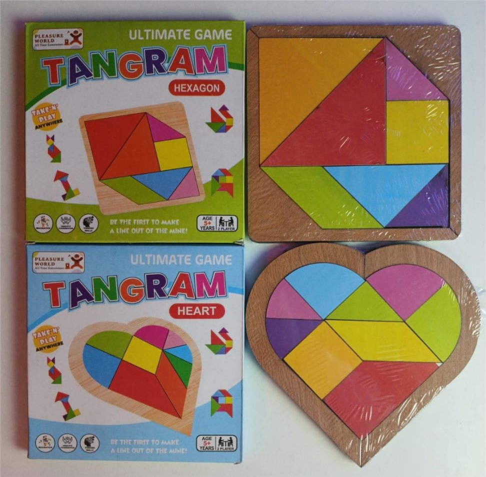 Wooden Combo Tangram Puzzle (set of 3 shapes) & Tic Tac Toe Game for Kids - Tuno Toys